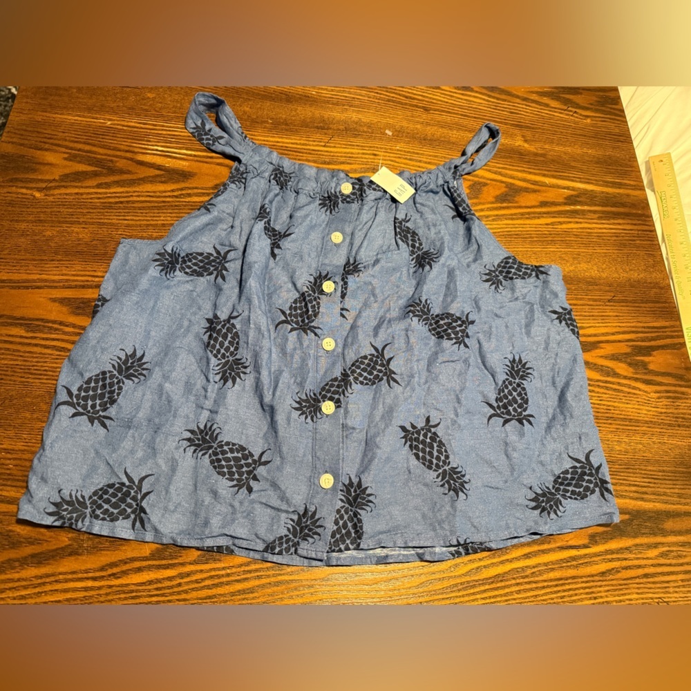 GAP Button Front Tank Top Linen Blend Women's XL Blue Pineapple Tropical Beach - Picture 12 of 15